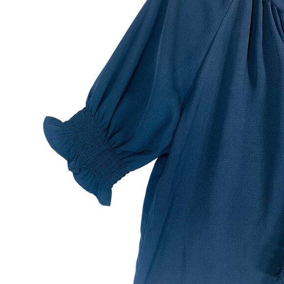boho puff sleeve 3/4 length ruffled collar string tie blouse dark navy sz xl - Picture 7 of 15